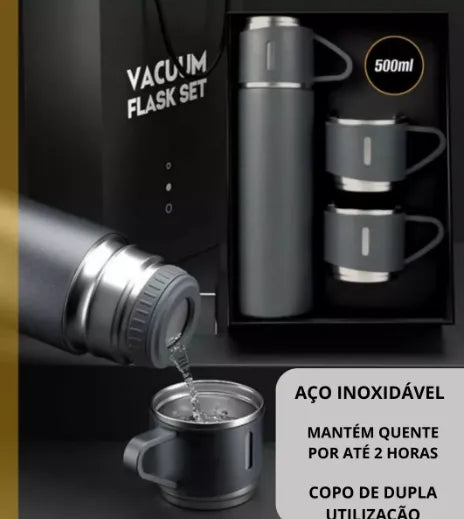 Garrafa Térmica Premium Em Inox Com 3 Xícaras Bebidas Café