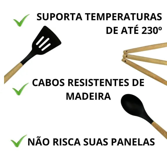 Kit 12 Utensílios De Cozinha Em Silicone E Cabo De Madeira