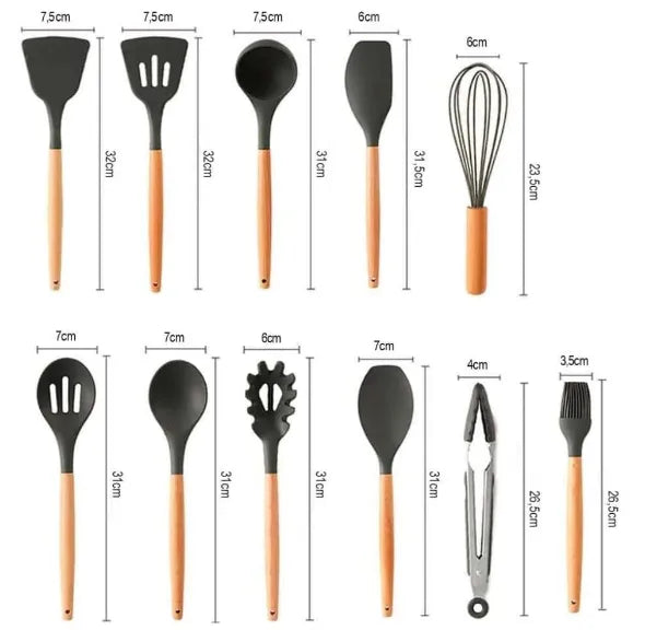 Kit 12 Utensílios De Cozinha Em Silicone E Cabo De Madeira